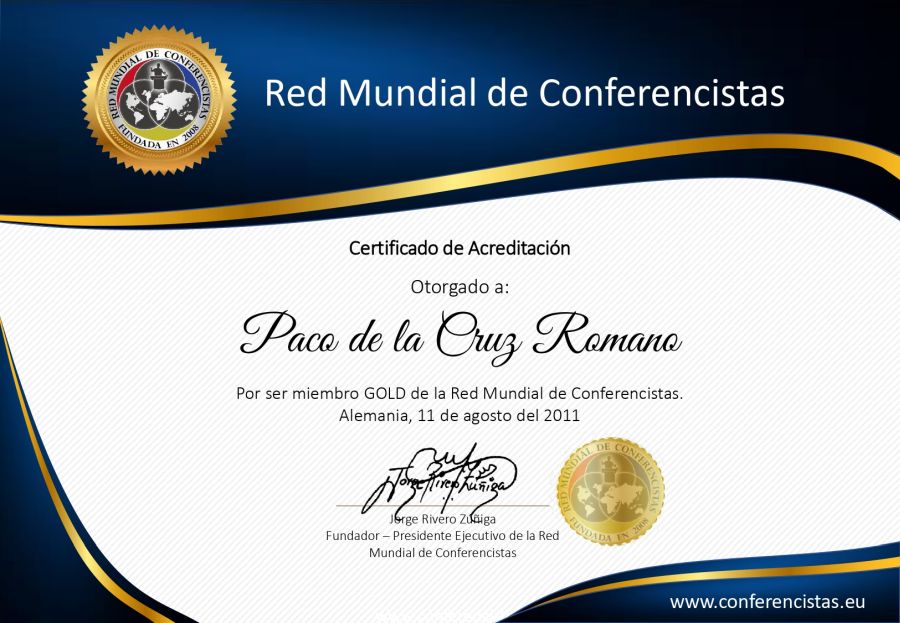 Certificado de Acreditación del Conferencista Internacional Paco de la Cruz Romano